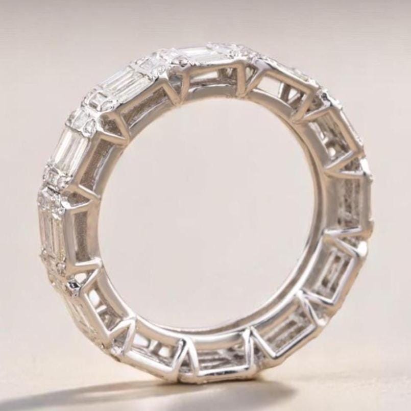 Emerald Illusion Wedding Ring, 14k Solid Gold, Baguette & Round Natural Diamonds, Stackable Eternity Band, Gift For Her