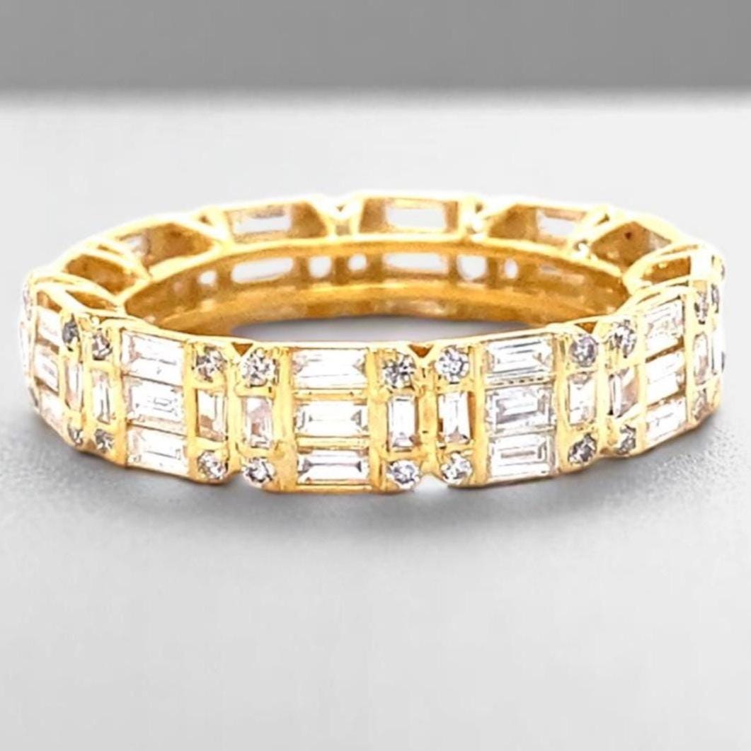 Emerald Illusion Wedding Ring, 14k Solid Gold, Baguette & Round Natural Diamonds, Stackable Eternity Band, Gift For Her