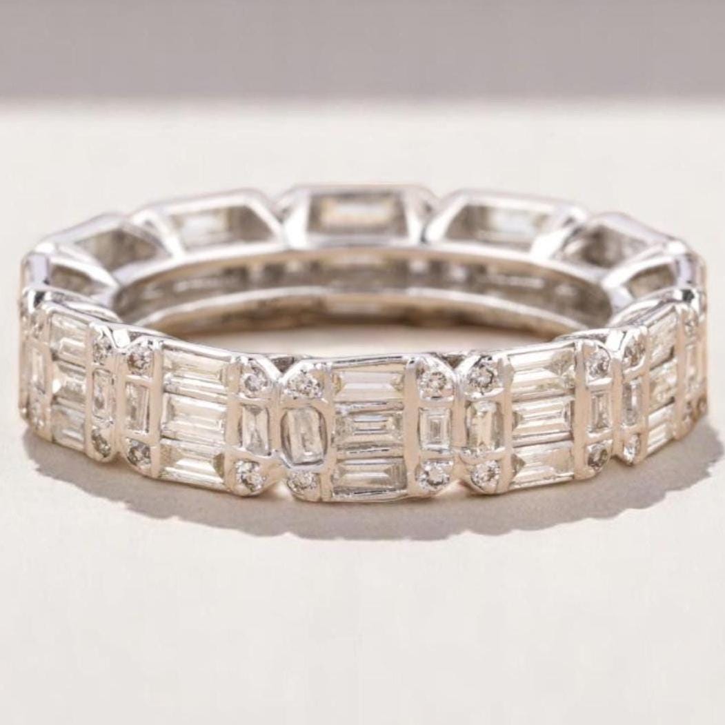Emerald Illusion Wedding Ring, 14k Solid Gold, Baguette & Round Natural Diamonds, Stackable Eternity Band, Gift For Her