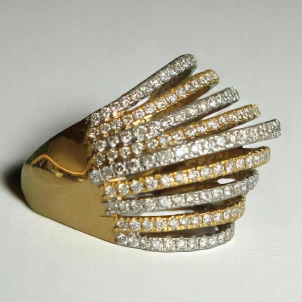 Diamond Wave Lines Band Ring, 14K Solid Gold, Natural Diamond, Two-toned Cocktail Ring, Multiple Lines  Statement Band, Gift For Her
