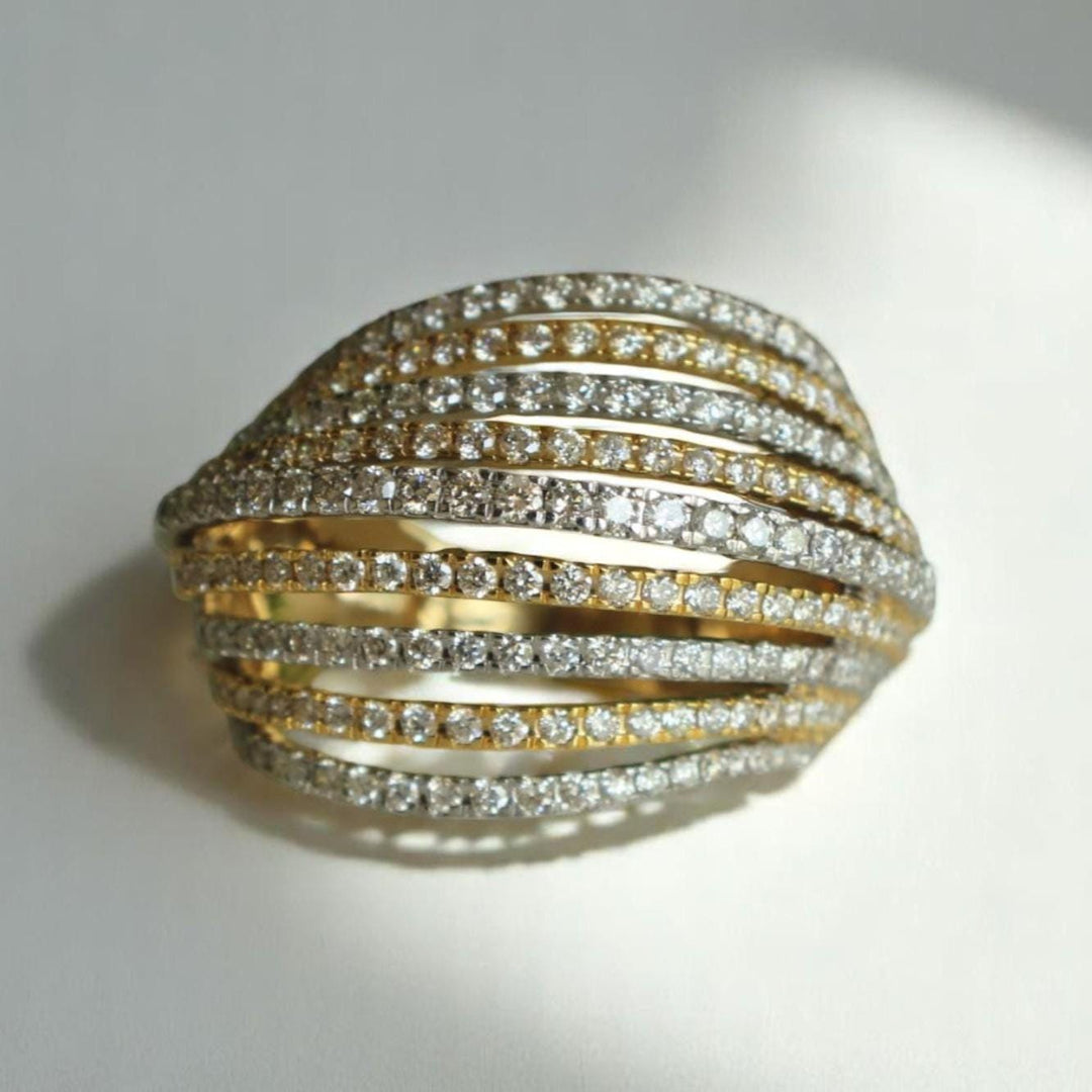 Diamond Wave Lines Band Ring, 14K Solid Gold, Natural Diamond, Two-toned Cocktail Ring, Multiple Lines  Statement Band, Gift For Her