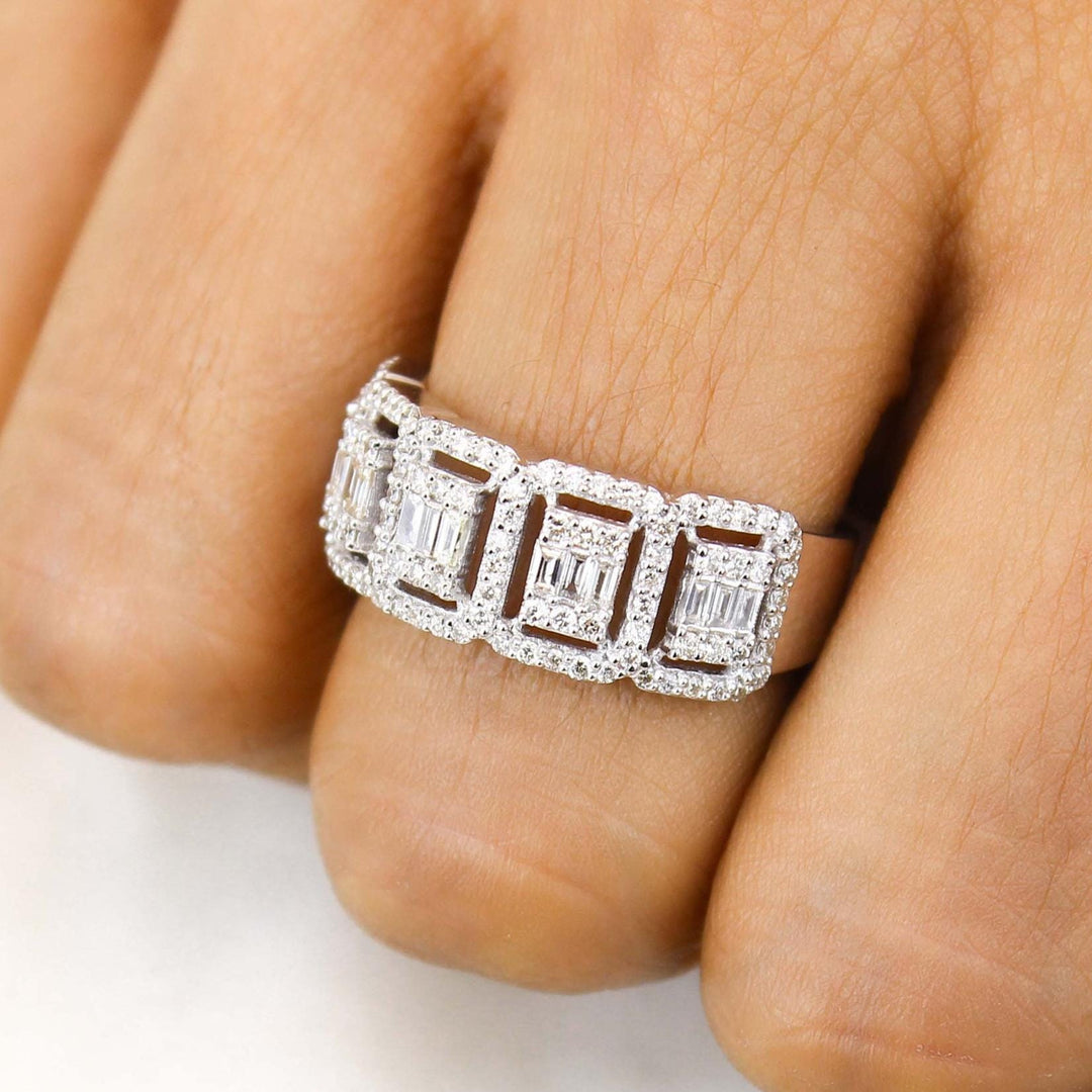 Halo Diamond Ring, 14k Solid Gold, Round & Baguette Natural Diamonds, Half Eternity Band, Illusion Set Ring, Wedding Ring, Gift For Her