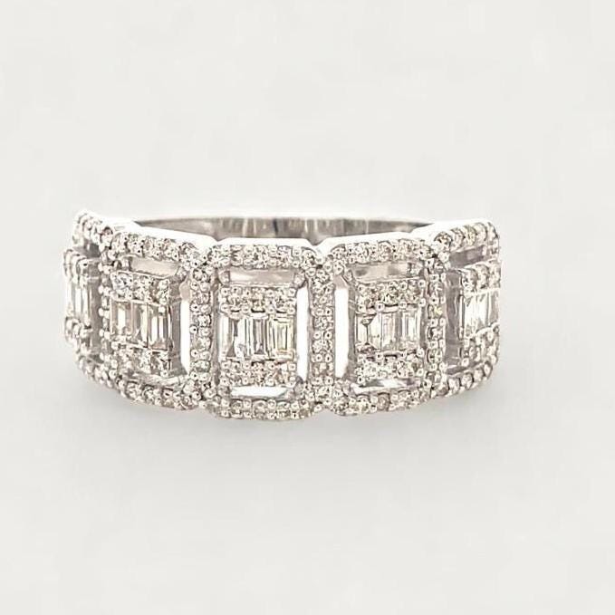 Halo Diamond Ring, 14k Solid Gold, Round & Baguette Natural Diamonds, Half Eternity Band, Illusion Set Ring, Wedding Ring, Gift For Her