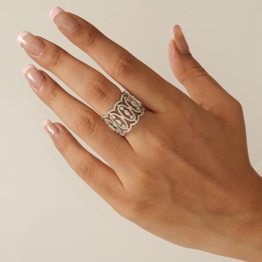 Marquise Wide Diamond Band Ring, 14k Solid Gold, Natural Diamonds, Statement Cocktail Jewelry, Bridal Wedding Ring, Bezel Set Openwork Band