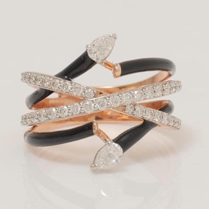 Criss Cross Diamond Ring, 14k Solid Gold, Pear Natural Diamonds, Black Enamel Ring, Bold Statement Band, Cocktail Ring, Gift For Her