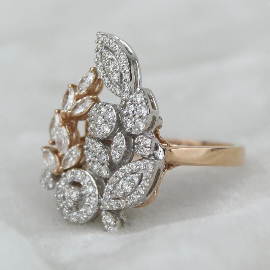 Leaves Cluster Natural Diamond Cocktail Ring: 14k Solid Gold Bridal Floral Jewellery, Certified Jewelry