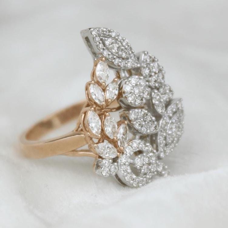 Leaves Cluster Diamond Ring, 14k Solid Gold, Natural Diamonds, Bridal Floral Jewelry, Cocktail Diamond Ring, Statement Jewelry, Gift For Her