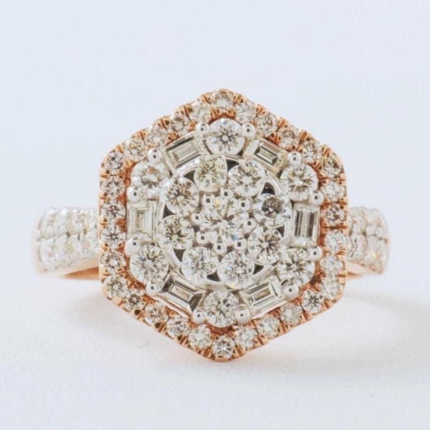 Hexagonal Halo Diamond Ring, 14k Solid Gold, Natural Diamonds, Cocktail Cluster Ring, Statement Bridal Jewelry, Geometric Ring, Gift For Her