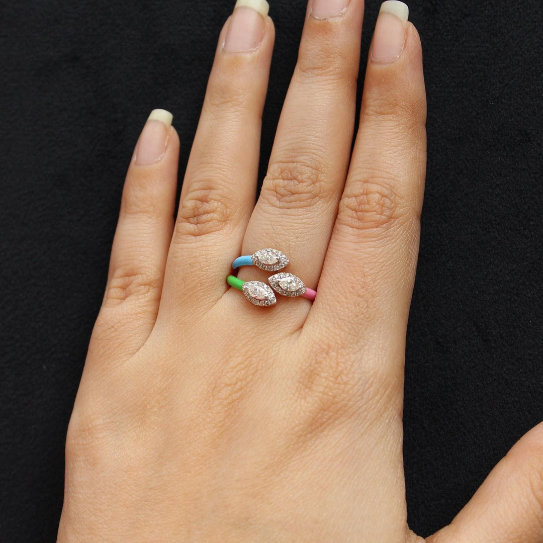 Three Stone Enamel Cuff Ring, 14k Solid Gold, Marquise & Round Natural Diamonds, Multicolor Stackable Open Split Shank Ring, Gift For Her