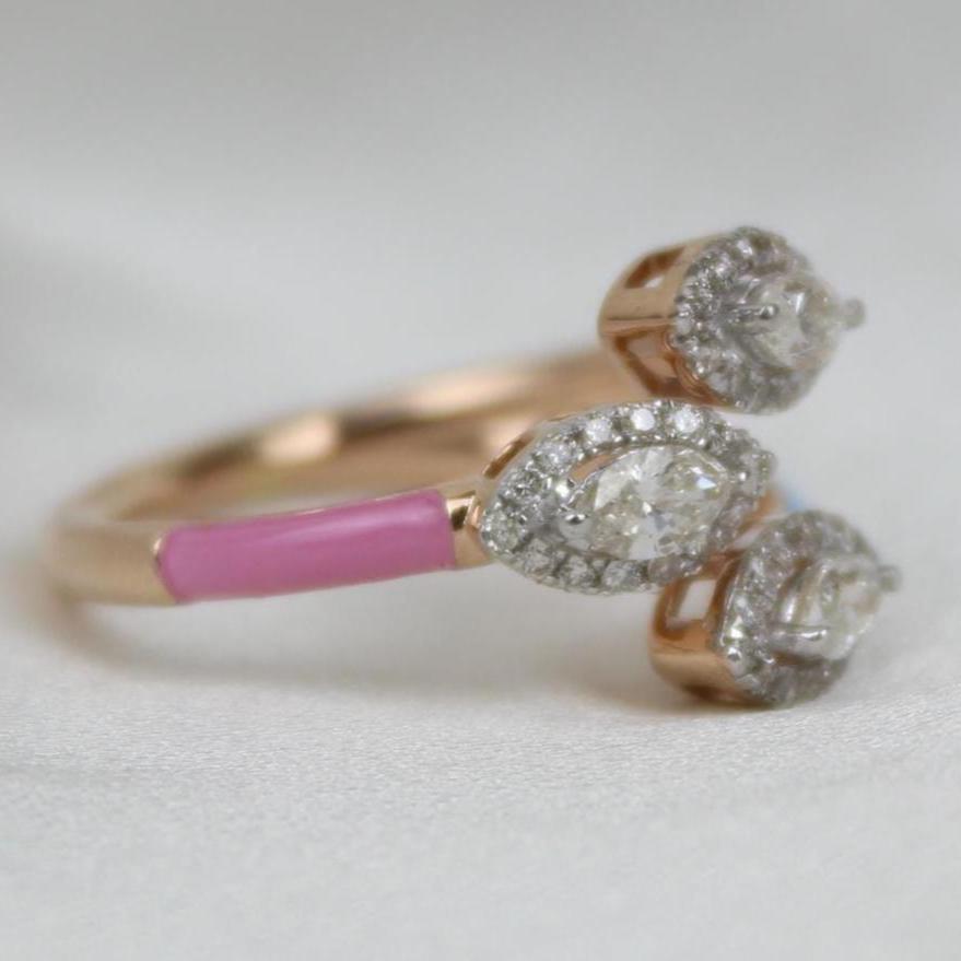 Three Stone Enamel Cuff Ring, 14k Solid Gold, Marquise & Round Natural Diamonds, Multicolor Stackable Open Split Shank Ring, Gift For Her