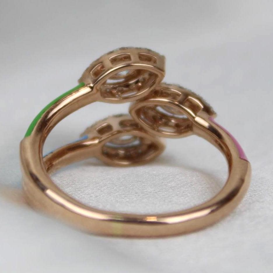Three Stone Enamel Cuff Ring, 14k Solid Gold, Marquise & Round Natural Diamonds, Multicolor Stackable Open Split Shank Ring, Gift For Her