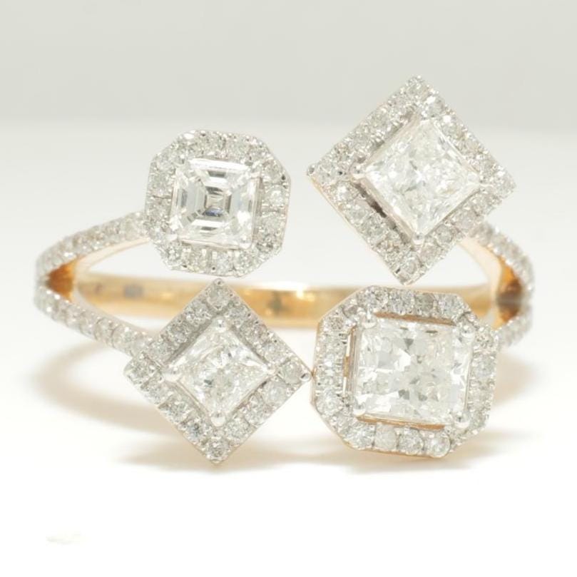 Diamond Open Cuff Ring, 14K Solid Gold, Quad Princess Cut Natural Diamonds, Halo Statement Ring, Proposal Cocktail Jewelry, Gift For Her