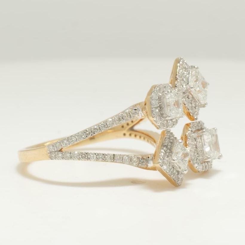 Diamond Open Cuff Ring, 14K Solid Gold, Quad Princess Cut Natural Diamonds, Halo Statement Ring, Proposal Cocktail Jewelry, Gift For Her