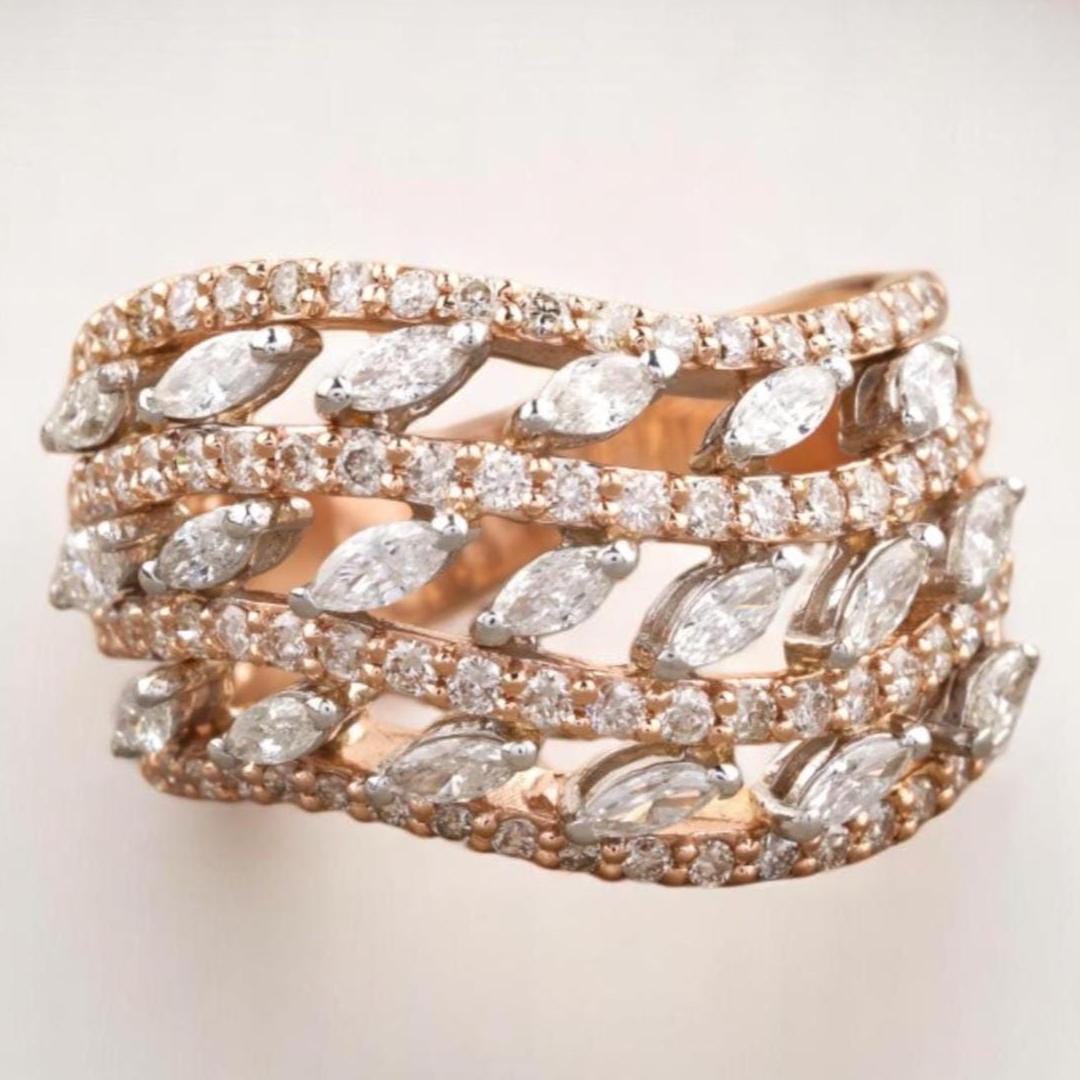 Marquise Diamond Wave Lines Band, Dual Tone Ring, 14K Solid Gold, Natural Diamonds, Statement Cocktail Band, Cluster Ring, Gift For Her