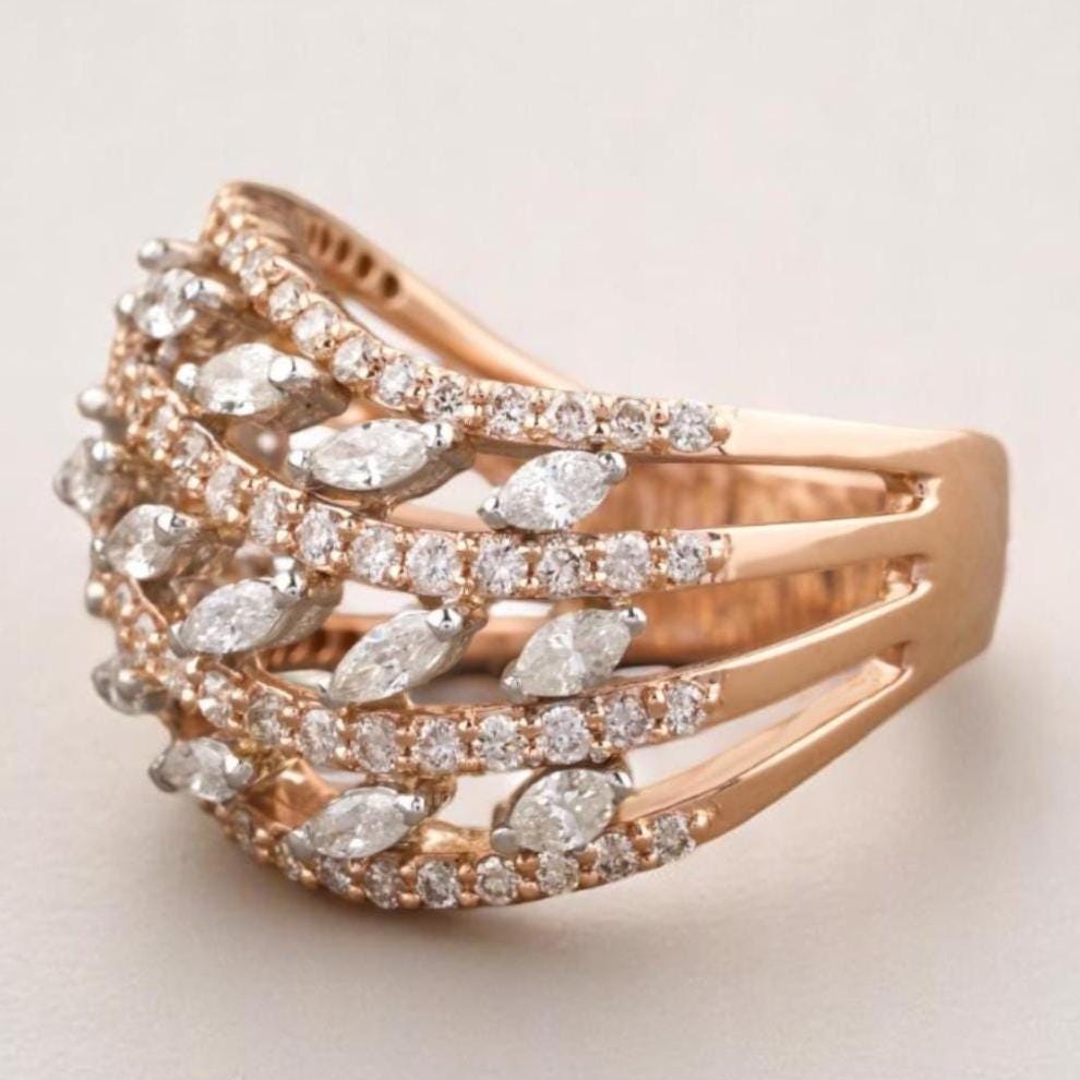 Marquise Diamond Wave Lines Band, Dual Tone Ring, 14K Solid Gold, Natural Diamonds, Statement Cocktail Band, Cluster Ring, Gift For Her