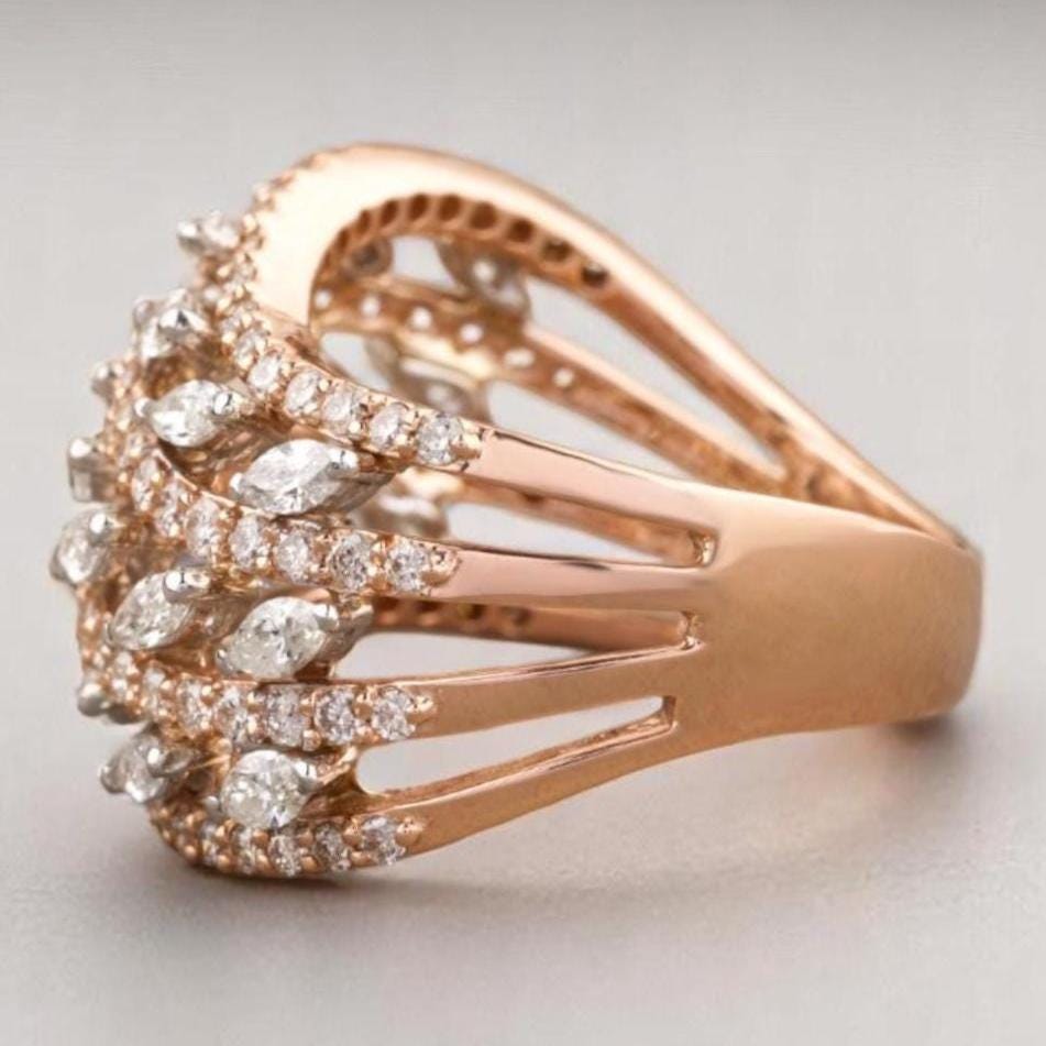 Marquise Diamond Wave Lines Band, Dual Tone Ring, 14K Solid Gold, Natural Diamonds, Statement Cocktail Band, Cluster Ring, Gift For Her