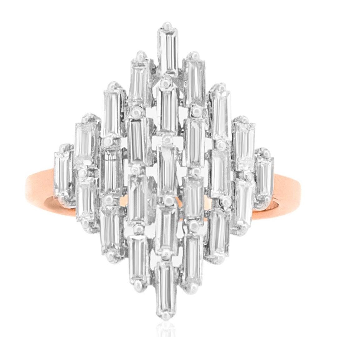 Baguette Diamond Ring, Natural Diamonds, 14K Solid Gold, Engagement Ring, Cluster Illusion Set Ring, Statement Cocktail Ring, Gift For Her