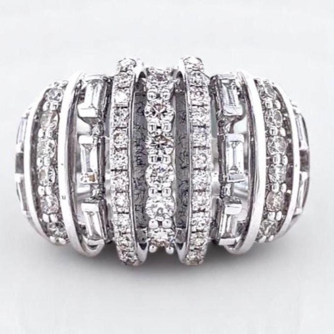 Dome Band Diamond Ring, 14k Solid Gold Ring, Baguette and Round Natural Diamonds, Half Eternity Band, Wide Cocktail Ring, Gift For Her