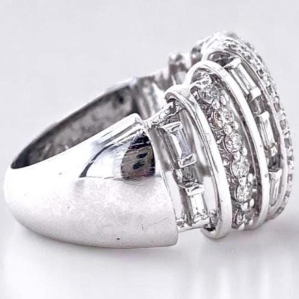 Dome Band Diamond Ring, 14k Solid Gold Ring, Baguette and Round Natural Diamonds, Half Eternity Band, Wide Cocktail Ring, Gift For Her