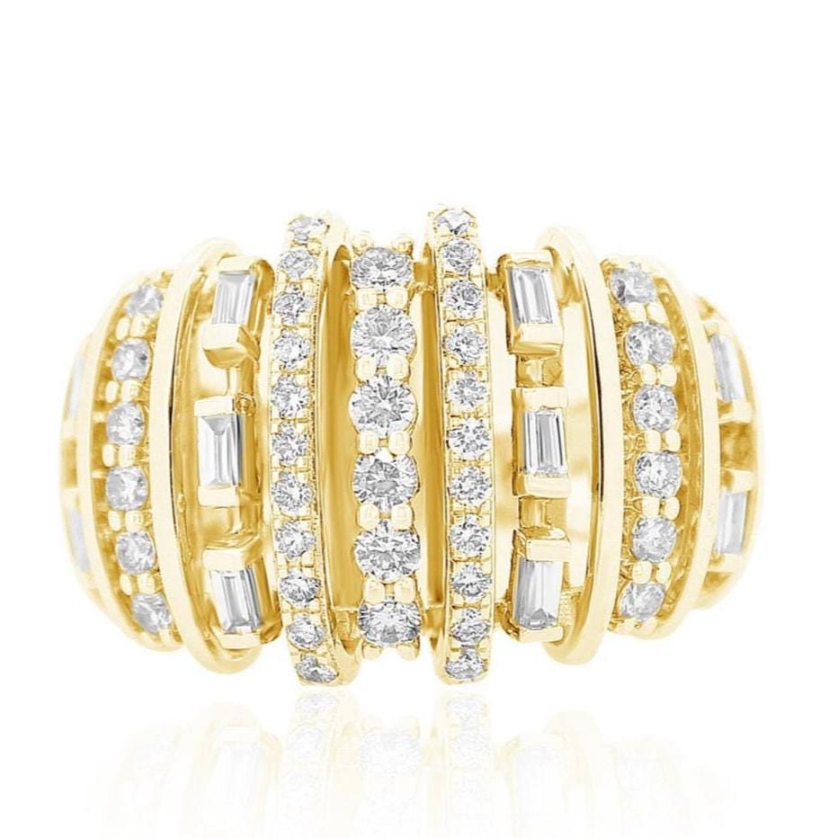 Dome Band Diamond Ring, 14k Solid Gold Ring, Baguette and Round Natural Diamonds, Half Eternity Band, Wide Cocktail Ring, Gift For Her
