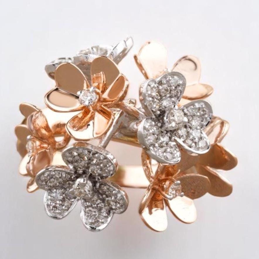 Flower Bunch Dual Tone Ring, 14k Solid Gold, Natural Diamonds, Gold Petals Flower Ring, Cocktail Ring, Floral Cluster Jewelry, Gift for her