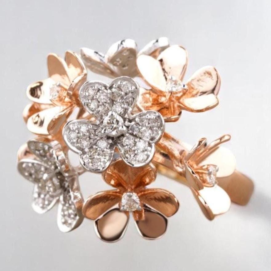 Flower Bunch Dual Tone Ring, 14k Solid Gold, Natural Diamonds, Gold Petals Flower Ring, Cocktail Ring, Floral Cluster Jewelry, Gift for her