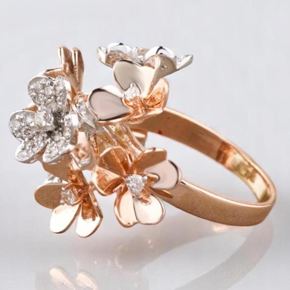 Flower Bunch Dual Tone Ring, 14k Solid Gold, Natural Diamonds, Gold Petals Flower Ring, Cocktail Ring, Floral Cluster Jewelry, Gift for her