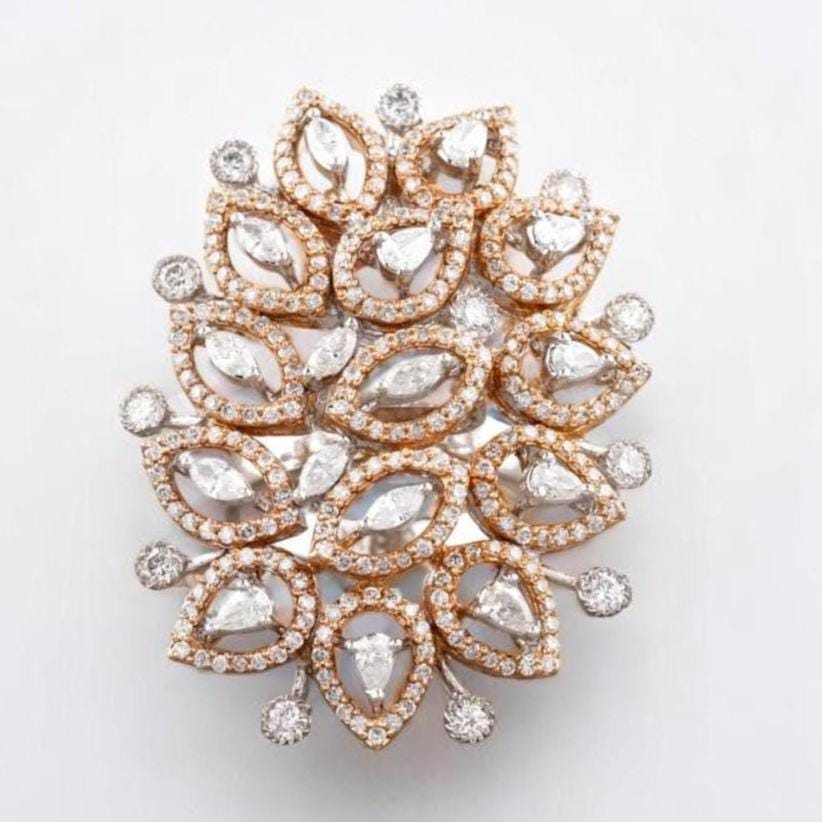 Pear & Marquise leaves Diamond Ring, 14k Solid Gold, Natural Diamonds, Cocktail Halo Ring, Two Toned  Cluster Statement Ring, Gift for her