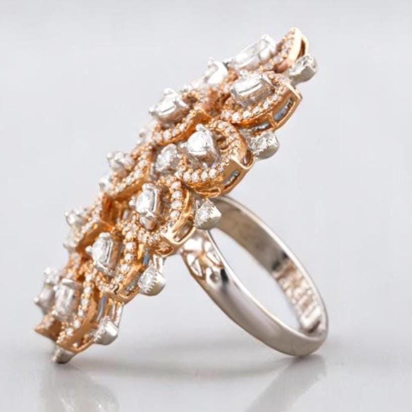 Pear & Marquise leaves Diamond Ring, 14k Solid Gold, Natural Diamonds, Cocktail Halo Ring, Two Toned  Cluster Statement Ring, Gift for her