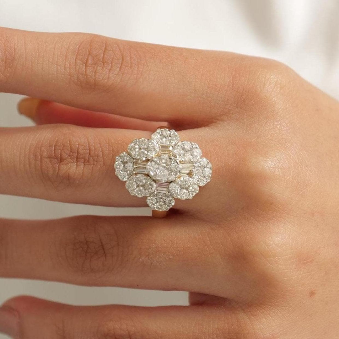 Flower Cluster Diamond Ring, 14k Solid Gold, Baguette Cocktail Ring, Natural Diamonds, Illusion Setting, Statement Jewelry, Gift For Her