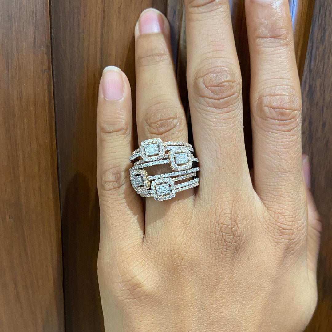 Cocktail Diamond Ring, 14k Solid Gold, Baguette Natural Diamonds, Wedding Ring, Bold Statement Ring, Wide Band Jewelry, Gift For Her