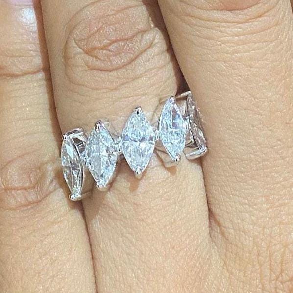 14k Gold Marquise Natural Diamond Ring: Half Eternity Engagement Stack Band, Certified Jewelry