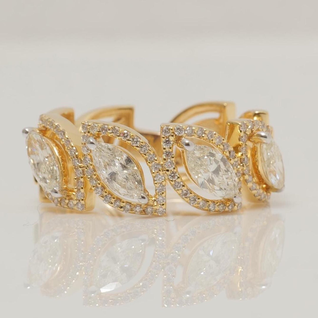 Marquise Leaves Diamond Band Ring, 14k Solid Gold, Natural Diamonds, Engagement Stack, Half Eternity Band, Halo Cocktail Ring, Gift For Her