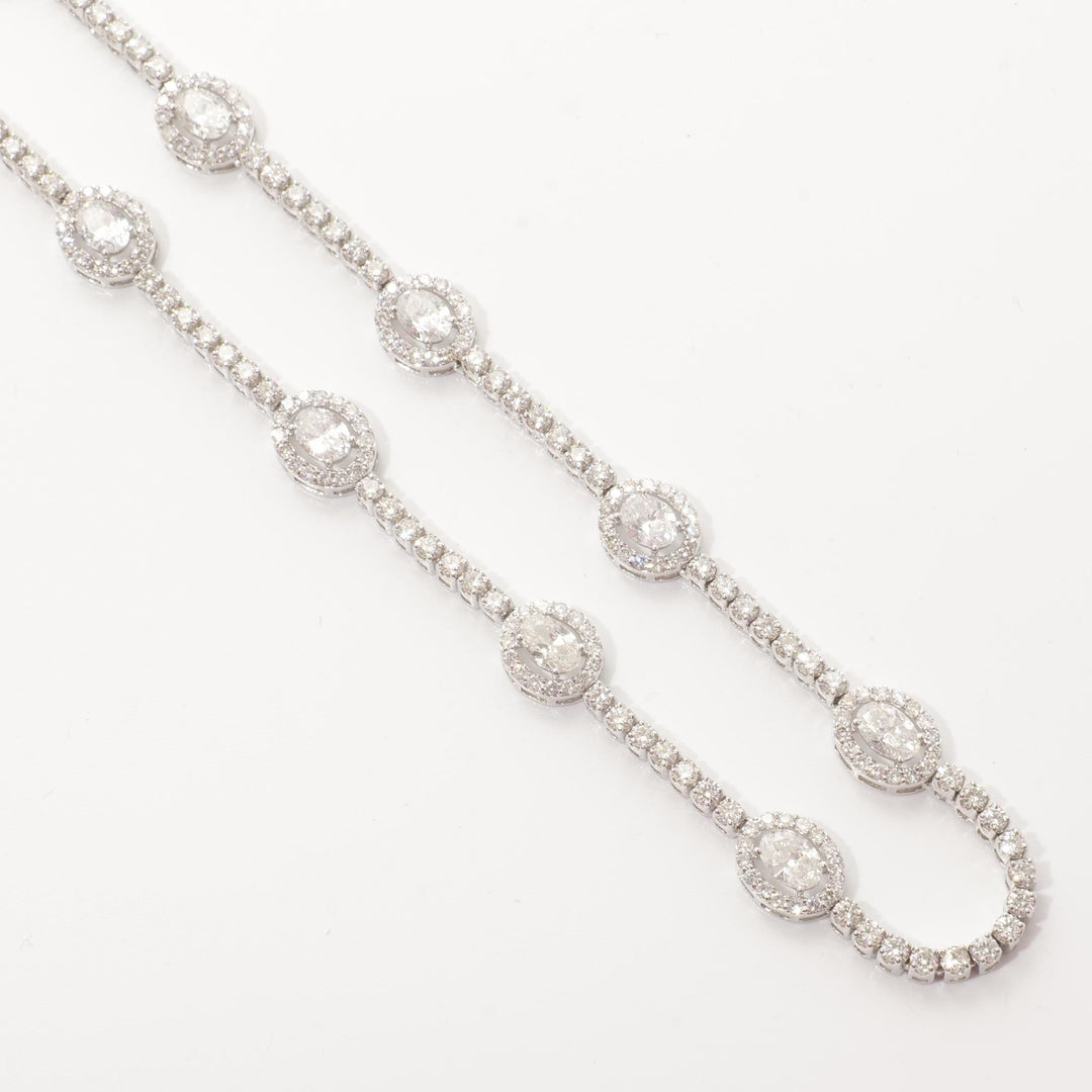 Oval Link Halo Diamond Necklace, 14k Solid Gold, Natural Diamond, Circle Station Chain Jewelry, Statement Necklace, Bridal Wedding Necklace