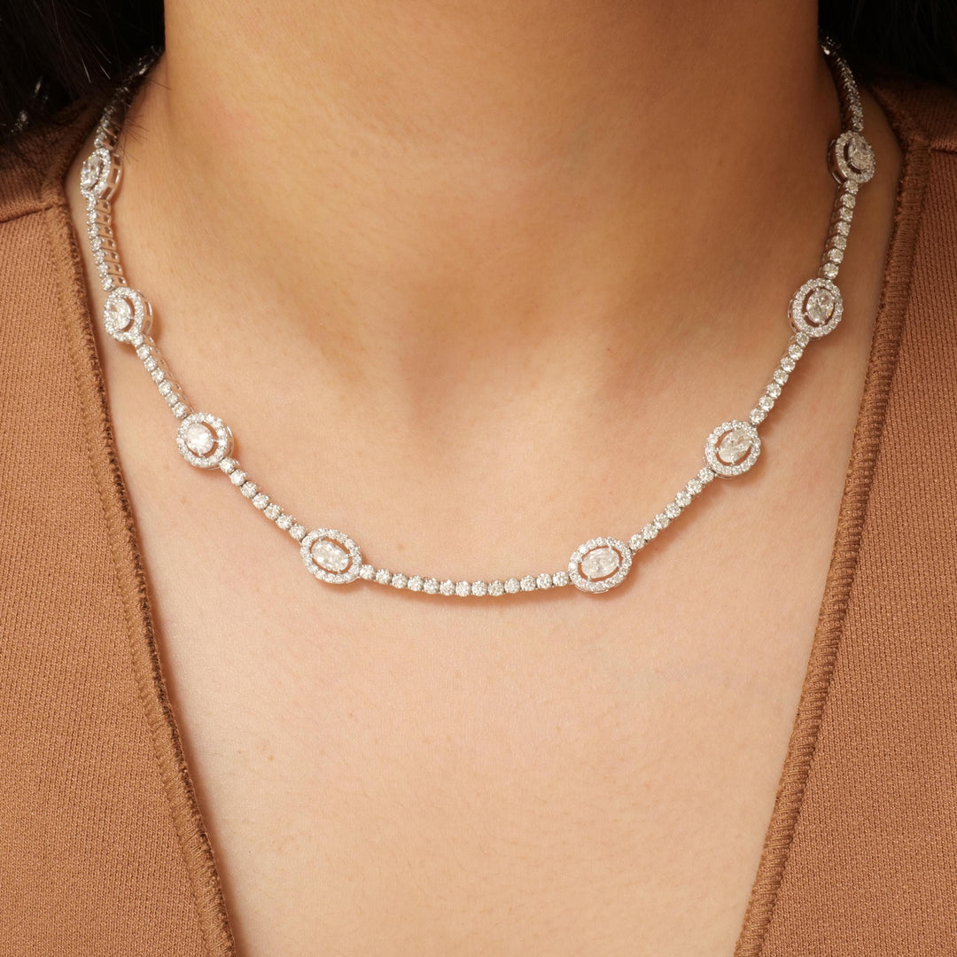 Oval Link Halo Diamond Necklace, 14k Solid Gold, Natural Diamond, Circle Station Chain Jewelry, Statement Necklace, Bridal Wedding Necklace