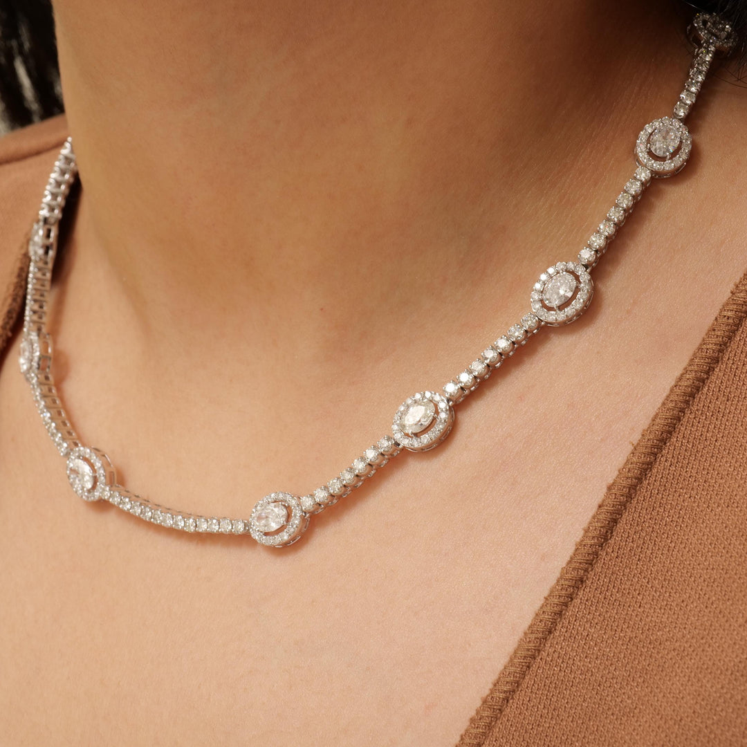 Oval Link Halo Diamond Necklace, 14k Solid Gold, Natural Diamond, Circle Station Chain Jewelry, Statement Necklace, Bridal Wedding Necklace