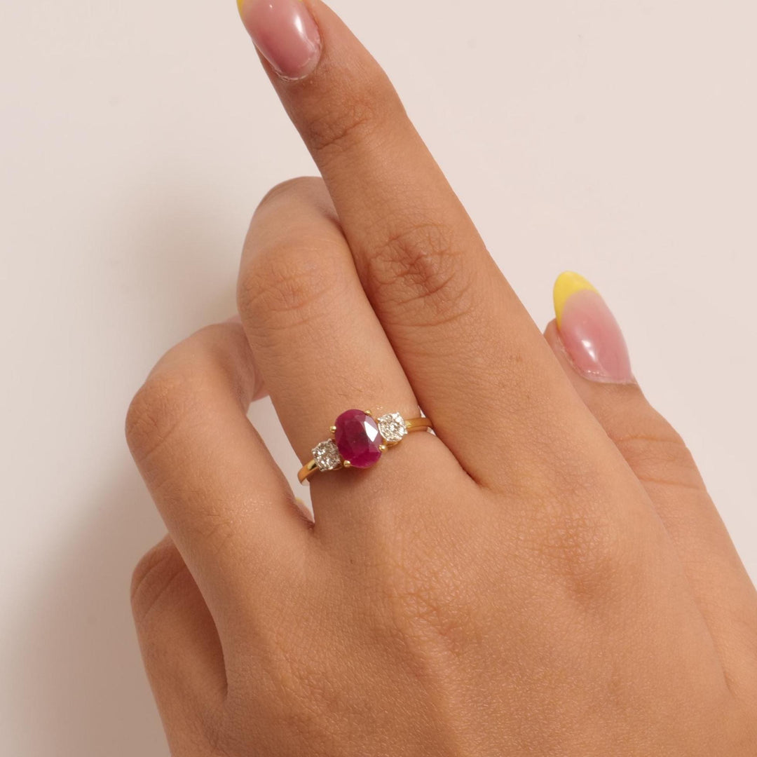 Oval Ruby Diamond Ring, 14k Solid Gold, Natural Diamonds, Cocktail Ring, Three Stone Gemstone Jewelry, Statement Ring, Bridal Jewelry