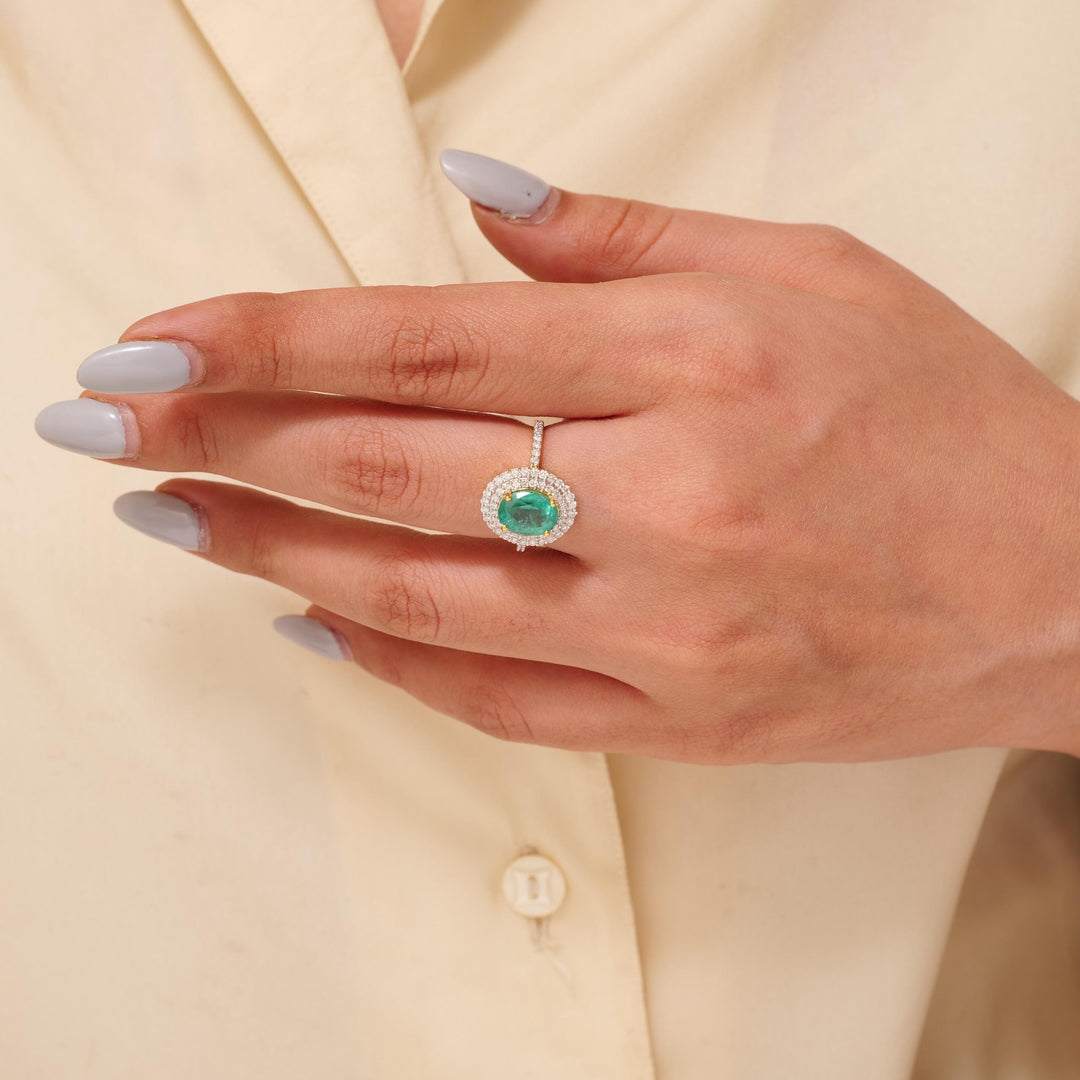 Oval Emerald Double Halo Diamond Ring, 14k Solid Gold, Natural Diamonds, Gemstone Statement Cocktail Jewelry, Engagement Wedding Ring,