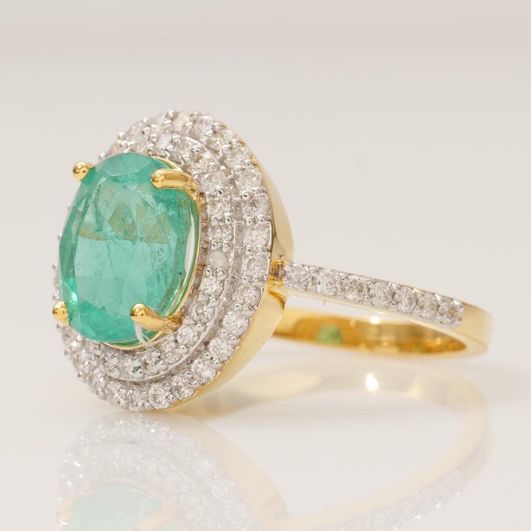 Oval Emerald Double Halo Diamond Ring, 14k Solid Gold, Natural Diamonds, Gemstone Statement Cocktail Jewelry, Engagement Wedding Ring