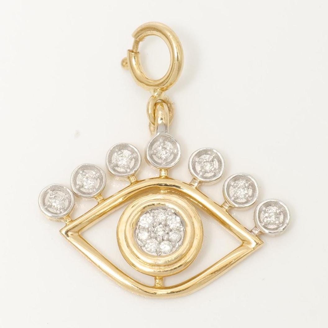 Evil Eye Diamond Charm, 14k Solid Gold, Natural Diamonds, Illusion Set Everyday Pendant, Dual Tone Layering Necklace, Ready To Ship