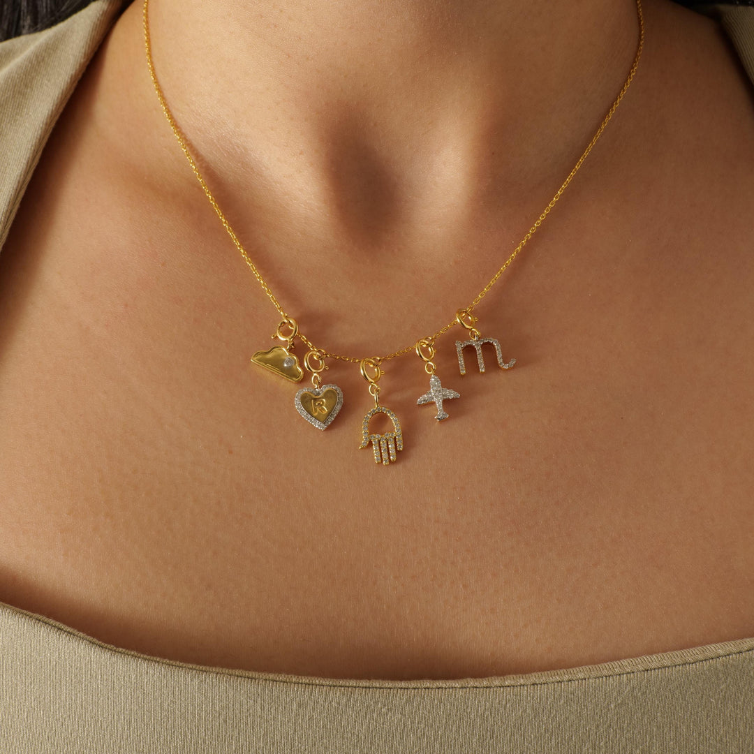 Embossed Initial Heart Natural Diamonds Layering Charm: 14k Solid Gold Everyday Personalised Pendant, Letter Necklace, Certified Jewelry