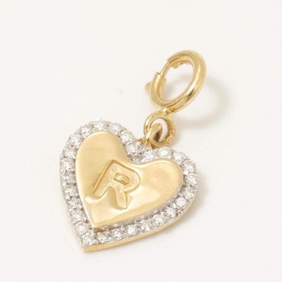 Embossed Initial Heart Natural Diamonds Layering Charm: 14k Solid Gold Everyday Personalised Pendant, Letter Necklace, Certified Jewelry