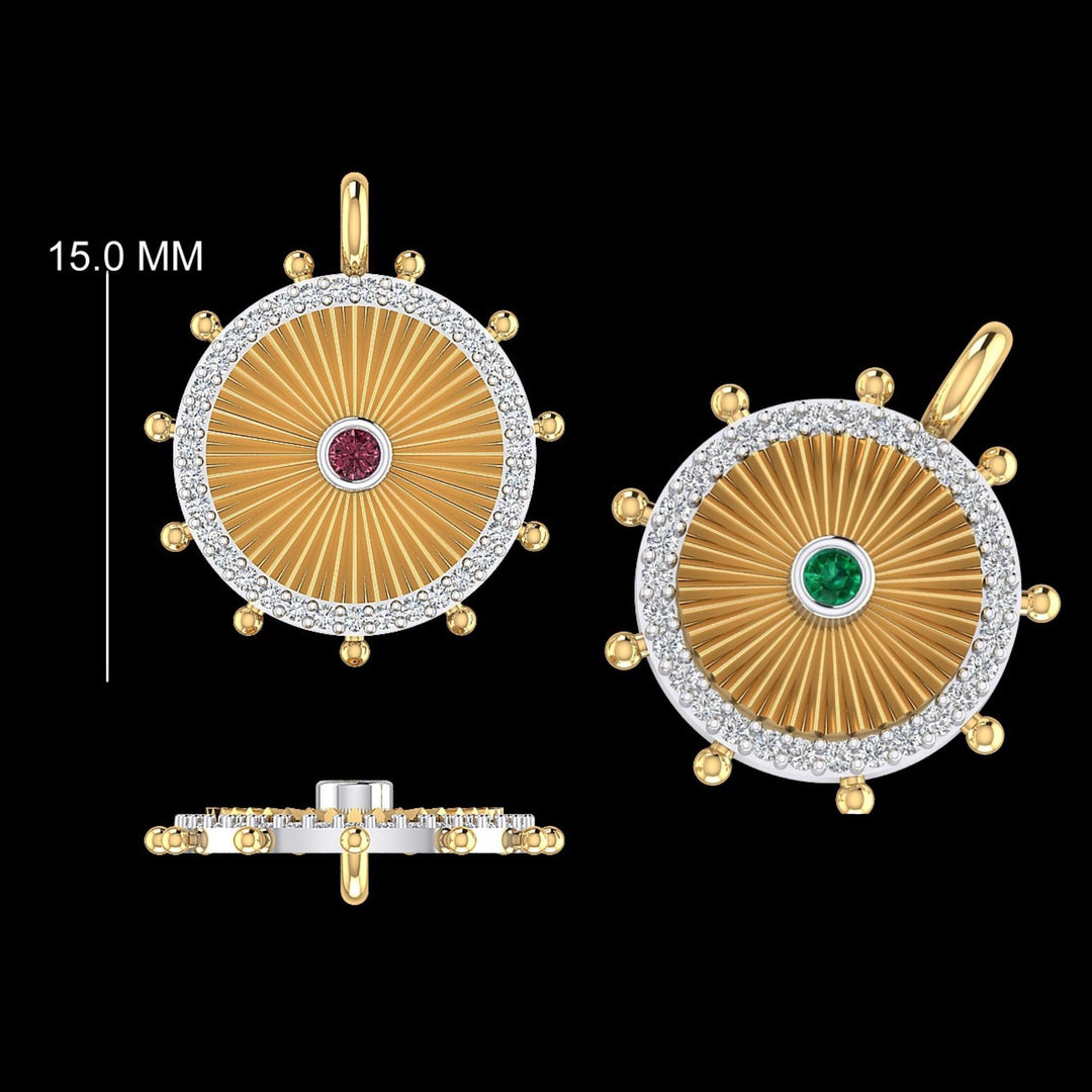 Sunburst Medallion Charm, 14k Solid Gold, Natural Diamond, Layering Pendant, Dual Tone Gemstone Necklace, Ready To Ship, Certified Jewelry