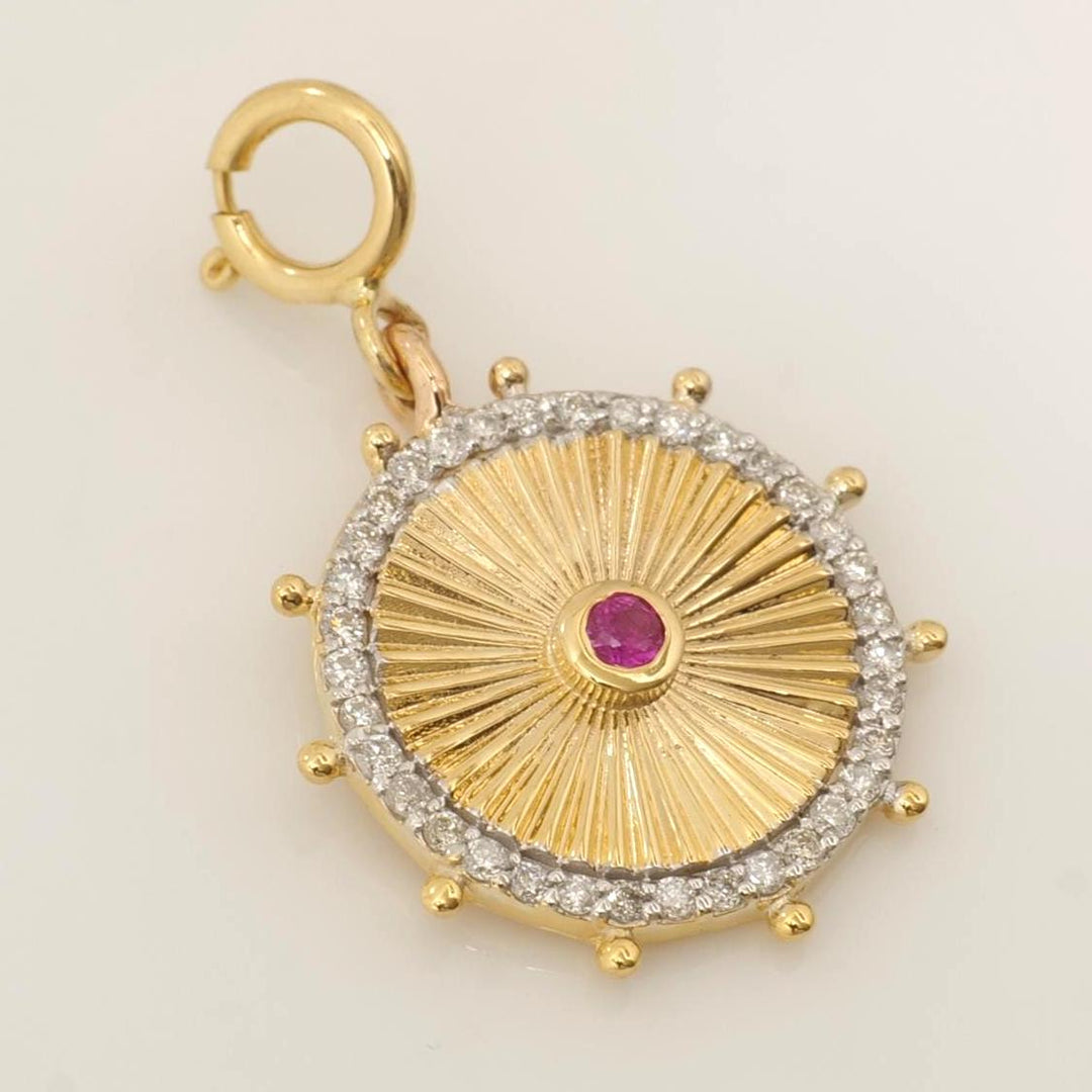 Sunburst Medallion Charm, 14k Solid Gold, Natural Diamond, Layering Pendant, Dual Tone Gemstone Necklace, Ready To Ship, Certified Jewelry