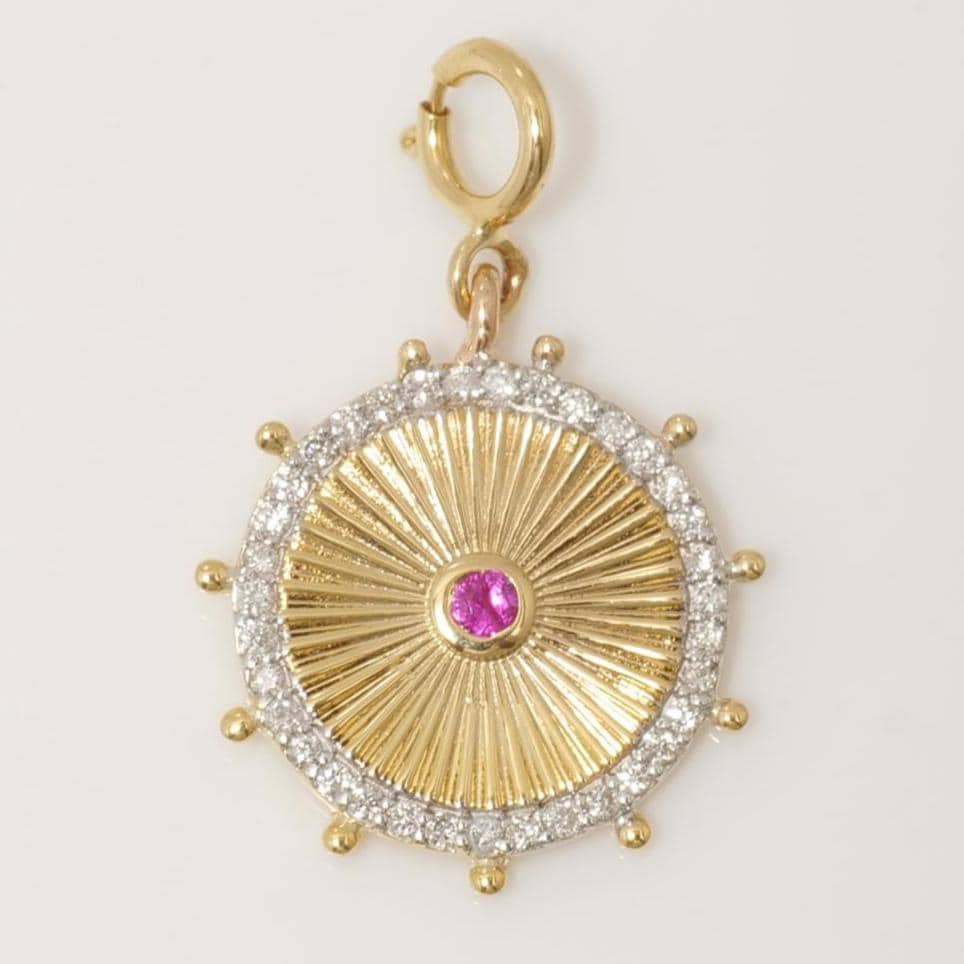 Sunburst Medallion Charm, 14k Solid Gold, Natural Diamond, Layering Pendant, Dual Tone Gemstone Necklace, Ready To Ship, Certified Jewelry