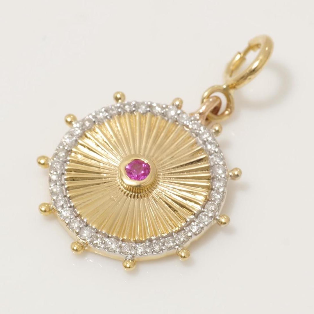 Sunburst Medallion Charm, 14k Solid Gold, Natural Diamond, Layering Pendant, Dual Tone Gemstone Necklace, Ready To Ship, Certified Jewelry