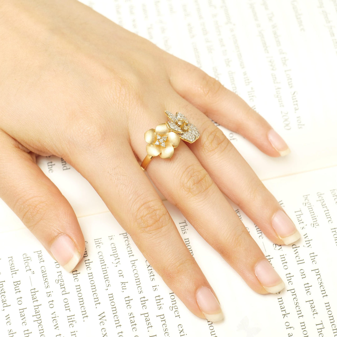 Double Flower Diamond Ring, 14K Solid Gold, Natural Diamonds, Twin Floral Ring, Statement Cocktail Ring, Certified Jewelry