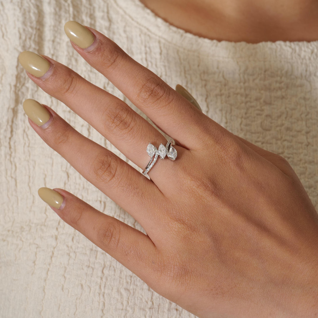 Marquise Trio Diamond Ring, 14k Solid Gold, Natural Diamonds, Cocktail Band Ring, Statement Jewelry, Bypass Band Ring, Certified Jewelry