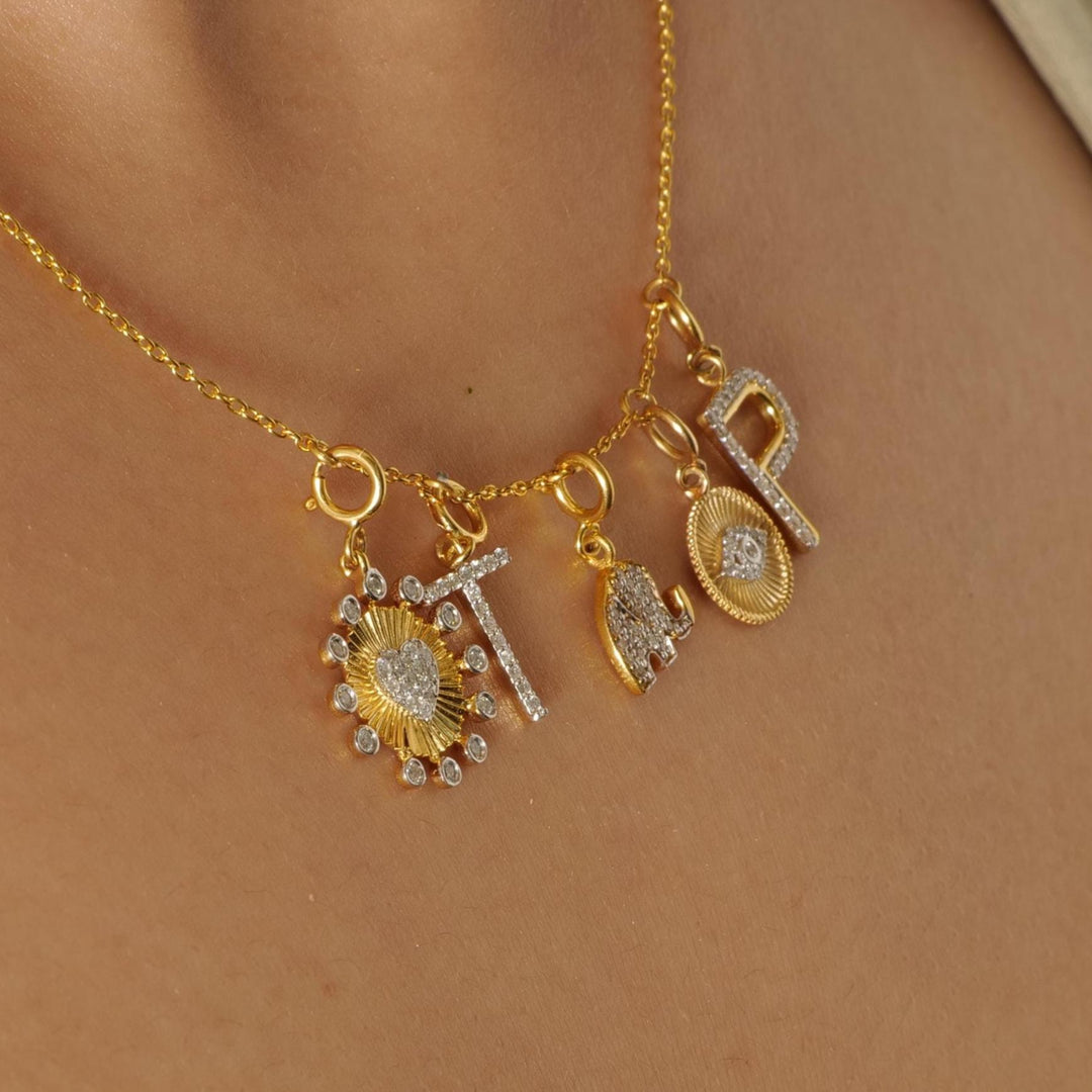 Heart Medallion Bezel  Natural Diamond Charm: 14k Solid Gold Two Tone Sunburst Layering Pendant, Certified Jewelry