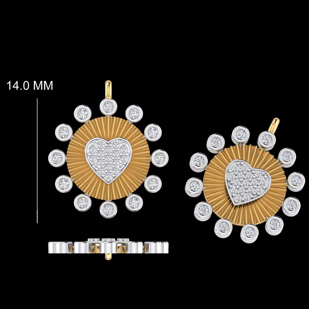 Heart Medallion Bezel Charm, 14k Solid Gold, Natural Diamond, Layering Pendant, Two Tone Sunburst Necklace, Ready To Ship, Certified Jewelry